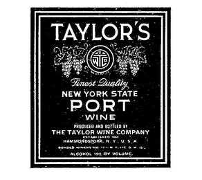 TWCO TAYLOR'S NEW YORK PORT WINE FINEST QUALITY PRODUCED AND BOTTLED BY THE TAYLOR WINE COMPANY ESTABLISHED 1801 HAMMONDSPORT N.Y. U.S.A. trademark