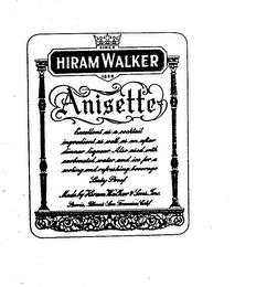 HIRAM WALKER ANISETTE EXCELLENT AS A COCKTAIL INGREDIENT AS WELL AS AN AFTER DINNER LIQUEUR. ALSO USED WITH CARBONATED WATER AND ICE FOR A COOLING AND REFRESHING BEVERAGE MADE AND BOTTLED BY HIRAM WALKER & SONS, INC. PEORIA, ILLINOUS DISTUBUTORS OF "CANADIAN CLUB" WHISKEY trademark