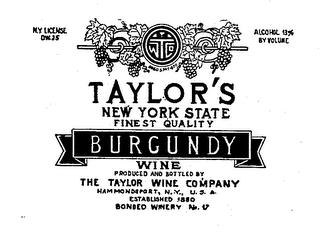 TWCO TAYLOR'S NEW YORK STATE FINEST QUALITY BURGUNDY WINE PRODUCED AND BOTTLED BBY THE TAYLOR WINE COMPANY HAMMONDSPORT, N.Y. U.S.A. ESTABLISHED 1880 trademark