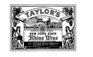 TAYLOR'S NEW YORK STATE RHINE WINE TAX PAID BY STAMPS AFFIXED TO CASE ALCOHOL 11% BY VOLUME PRODUCED AND BOTTLED BY THE TAYLOR WINE COMPANY ESTABLISHED 1880 trademark