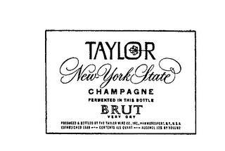 TAYLOR NEW YORK STATE CHAMPAGNE FERMENTED IN THIS BOTTLE BRUT VERY DRY PRODUCED & BOTTLED BY THE TAYLOR WINE CO. INC. HAMMONDSPORT, N.Y. USA ESTABLISHED 1880...CONTENTS 4/5 QUART...ALCOHOL 12% BY VOLUME trademark