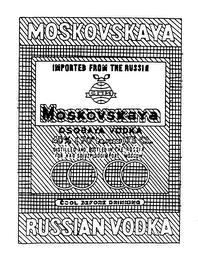 MOSKOVSKAYA RUSSIAN VODKA IMPORTED FROM THE RUSSIA MOSKOVSKAYA OSOBAYA VODKA 40% (70%BR.PROOF)75CL DISTILLED AND BOTTLED IN THE RUSSIA FOR VAO SOJUZPLODOIMPORT MOSCOW COOL BEFORE DRINKING trademark