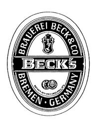 BECK'S BRAUEREI BECK & CO BREMEN GERMANY BREMEN 1874 PHILADELPHIA 1876 trademark