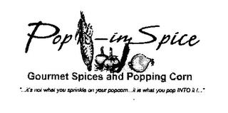 POP-IN SPICE GOURMET SPICES AND POPPINGCORN "...IT'S NOT WHATYOU SPRINKLE ON YOUR POPCORN...IT IS WHAT YOU POP INTO IT !..." trademark