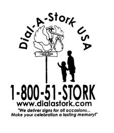 DIAL-A-STORK USA 1-800-51-STORK WWW.DIALASTORK.COM "WE DELIVER SIGNS FOR ALL OCCASIONS.. .MAKE YOUR CELEBRATION A LASTING MEMORY!" trademark