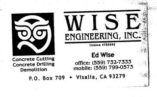 WISE ENGINEERING, INC. CONCRETE CUTTING CONCRETE DRILLING DEMOLITION trademark