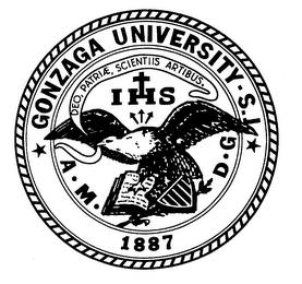 GONZAGA UNIVERSITY S.I. DEO, PATRIAE, SCIENTIIS ARTIBUS. IHS A.M. D.G. 1887 trademark