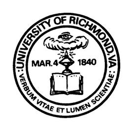 :UNIVERSITY OF RICHMOND, VA: VERBUM VITAE ET LUMEN SCIENTIAE MAR.4 1840 trademark