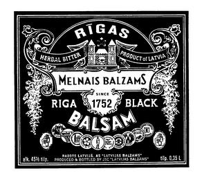 RIGAS HERBAL BITTER PRODUCT OF LATVIA MELNAIS BALZAMS RIGA BLACK BALSAMS SINCE 1752 ALK. 45% TILP. RAZOTS LATVIJA. AS "LATVIJAS BALZAMS" PRODUCED & BOTTLED BY JSC "LATVIJAS BALZAMS" TILP. 0,35 L trademark