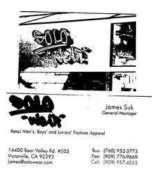 SOLO "WEAR" JAMES SUK GENERAL MANAGER RENTAL MEN'S BOYS' AND JUNIORS' FASHION APPAREL trademark