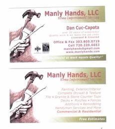 MANLY HANDS, LLC HOME IMPROVEMENT SERVICES "PERFECTIONIST AT WORK EQUALS QUALITY!" trademark