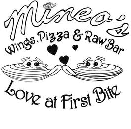 MINEO'S WINGS, PIZZA & RAW BAR LOVE AT FIRST BITE trademark