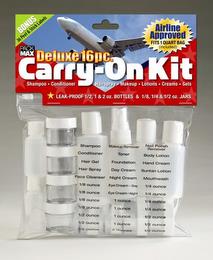 CARRY-ON KIT BONUS 36 PEEL & STICK LABELS AIRLINE APPROVED FITS 1 QUART BAG (INCLUDED) PACK MAX DELUXE 16PC. SHAMPOO · CONDITIONER · HAIRSPRAY · MAKEUP · LOTIONS · CREAMS · GELS LEAK-PROOF 1/2, 1 & 2 OZ. BOTTLES & 1/8, 1/4 & 1/2 OZ. JARS trademark