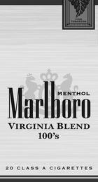 MARLBORO VIRGINIA BLEND 100'S MENTHOL 20 CLASS A CIGARETTES FINE TOBACCOS trademark