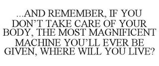 ...AND REMEMBER, IF YOU DON'T TAKE CARE OF YOUR BODY, THE MOST MAGNIFICENT MACHINE YOU'LL EVER BE GIVEN, WHERE WILL YOU LIVE? trademark