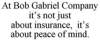 AT BOB GABRIEL COMPANY IT'S NOT JUST ABOUT INSURANCE, IT'S ABOUT PEACE OF MIND. trademark