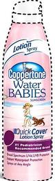 COPPERTONE LOTION SPRAY WATER BABIES SUNSCREEN QUICK COVER LOTION SPRAY #1 PEDIATRICIAN RECOMMENDED BRAND BROAD SPECTRUM UVA/UVB PROTECTION INSTANT WATERPROOF PROTECTION SPRAYS AT ANY ANGLE trademark