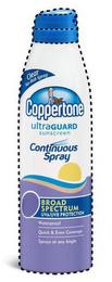 COPPERTONE ULTRAGUARD SUNSCREEN CONTINUOUS SPRAY CLEAR NO-RUB SPRAY BROAD SPECTRUM UVA/UVB PROTECTION WATERPROOF QUICK & EVEN COVERAGE SPRAYS AT ANY ANGLE trademark