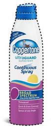 COPPERTONE ULTRAGUARD SUNSCREEN CONTINUOUS SPRAY CLEAR NO-RUB SPRAY BROAD SPECTRUM UVA/UVB PROTECTION WATERPROOF QUICK & EVEN COVERAGE SPRAYS AT ANY ANGLE trademark