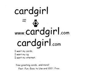 CARDGIRL WWW.CARDGIRL.COM CARDGIRL.COM I WANT MY CARDS. I WANT MY CG IWANT MY INERNET. FREE GREETING CARDS... AND MORE!FAST, FUN, EASY TO USE AND 100% FREE trademark