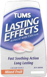 TUMS LASTING EFFECTS ANTACID WITH CALCIUM FAST SOOTHING ACTION LONG LASTING CALCIUM SOURCE MIXED FRUIT ACTI-SOOTHE trademark