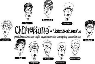 CHEMOTIONS \KEMO-SHEN\N POSSIBLE EMOTIONS ONE MIGHT EXPERIENCE WHILE UNDERGOING CHEMOTHERAPY HAPPY NAUSEATED CONFIDENT CONTENT EMBARASSED MISCHIEVOUS FRAZZLED SURPRISED SAD CONFUSED trademark