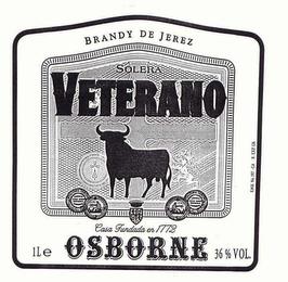 VETERANO OSBORNE BRANDY DE JEREZ SOLERA CASA FUNDADA EN 1772 36 % VOL. 1LE EMB NO. 197 - CA R. EXP. 126 trademark