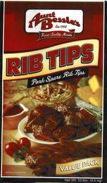 AUNT BESSIE'S EST. 1958 FINEST QUALITY MEATS RIB TIPS PORK SPARE RIB TIPS SERVING SUGGESTION VALUE PACK NET WT. 10LBS. (4.5KG) trademark