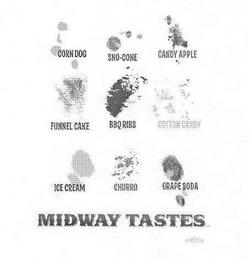 MIDWAY TASTES, CORN DOG, SNO-CONE, CANDY APPLE, FUNNEL CAKE, BBQ RIBS, COTTON CANDY, ICE CREAM, CHURRO, GRAPE SODA trademark