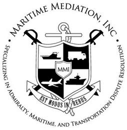 MARITIME MEDIATION, INC SPECIALIZING IN ADMIRALTY, MARITIME, AND TRANSPORTATION DISPUTE RESOLUTION MMI EST MODUS IN REBUS trademark