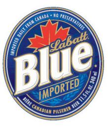 LABATT. BLUE IMPORTED DAILY FROM CANADA · NO PRESERVATIVES BIEÈRE CANADIAN PILSENER BEER trademark