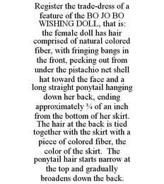 REGISTER THE TRADE-DRESS OF A FEATURE OF THE BO JO BO WISHING DOLL, THAT IS: THE FEMALE DOLL HAS HAIR COMPRISED OF NATURAL COLORED FIBER, WITH FRINGING BANGS IN THE FRONT, PEEKING OUT FROM UNDER THE PISTACHIO NET SHELL HAT TOWARD THE FACE AND A LONG STRAIGHT PONYTAIL HANGING DOWN HER BACK, ENDING APPROXIMATELY 3/4 OF AN INCH FROM THE BOTTOM OF HER SKIRT. THE HAIR AT THE BACK IS TIED TOGETHER WITH  trademark