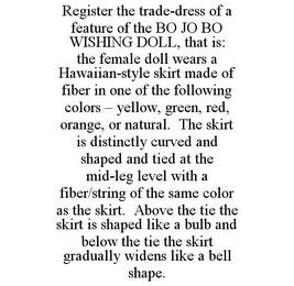 REGISTER THE TRADE-DRESS OF A FEATURE OF THE BO JO BO WISHING DOLL, THAT IS: THE FEMALE DOLL WEARS A HAWAIIAN-STYLE SKIRT MADE OF FIBER IN ONE OF THE FOLLOWING COLORS - YELLOW, GREEN, RED, ORANGE, OR NATURAL. THE SKIRT IS DISTINCTLY CURVED AND SHAPED AND TIED AT THE MID-LEG LEVEL WITH A FIBER/STRING OF THE SAME COLOR AS THE SKIRT. ABOVE THE TIE THE SKIRT IS SHAPED LIKE A BULB AND BELOW THE TIE THE trademark