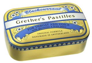 BLACKCURRANT GRETHER'S PASTILLES FOR THROAT AND VOICE WITH GLYCERINE & FRUIT JUICE ORIGINAL FORMULA HANDMADE IN SWITZERLAND trademark