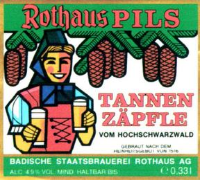 ROTHAUS PILS TANNEN ZÄPFLE VOM HOCHSCHWARZWALD GEBRAUT NACH DEM REINHEITSGEBOT VON 1516 BADISCHE STAATSBRAUEREI ROTHAUS AG ALC 4.9 % VOL. MIND. HALTBAR BIS: E 0,331 trademark