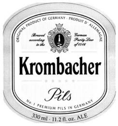 KROMBACHER PILS ORIGINAL PRODUCT OF GERMANY · PRODUIT D'ALLEMAGNE BREWED ACCORDING TO THE GERMAN PURITY LAW OF 1516 NO. 1 PREMIUM PILS IN GERMANY 330 ML · 11.2 FL. OZ. ALE trademark