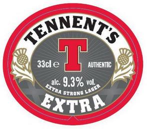 TENNENT'S EXTRA T EXTRA STRONG LAGER 33CL E AUTHENTIC ALC.9.3% VOL. trademark