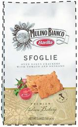 MULINO BIANCO BARILLA SFOGLIE OVEN BAKED CRACKERS WITH TOMATO AND OREGANO PREMIUM ITALIAN BAKERY PRODUCT OF ITALY NET WT 5.64 OZ (160GE) trademark