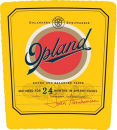 OPLANDSKE OPLAND SPRITFABRIK OPLAND ROUND AND BALANCED TASTE MATURED FOR 24 MONTHS IN SHERRY CASKS CASKED IN: MASTER BLENDER: IVAN AMBRAHAMSEN IVAN AMRAHAMSEN trademark