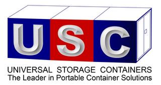 USC UNIVERSAL STORAGE CONTAINERS THE LEADER IN PORTABLE CONTAINER SOLUTIONS trademark