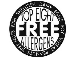 TOP EIGHT ALLERGENS FREE DAIRY EGGS SOY WHEAT PEANUTS TREE NUTS FISH SHELLFISH trademark