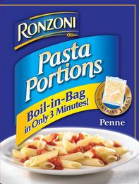 RONZONI PASTA PORTIONS BOIL-IN-BAG IN ONLY 3 MINUTES CONTAINS 3 BAGS PENNE trademark