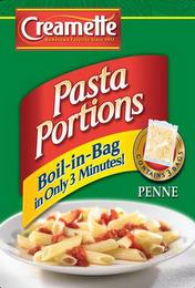 CREAMETTE HOMETOWN FAVORITE SINCE 1912 PASTA PORTIONS BOIL-IN-BAG IN ONLY 3 MINUTES! CONTAINS 3 BAGS PENNE trademark