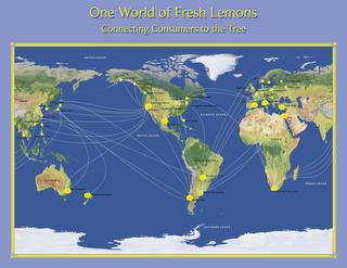 ONE WORLD OF FRESH LEMONS CONNECTING CONSUMERS TO THE TREE" AND "ARCTIC OCEAN, PACIFIC OCEAN, ATLANTIC OCEAN, SOUTHERN OCEAN, INDIAN OCEAN, ASIA, AUSTRALIA, NORTH AMERICA, SOUTH AMERICA, AFRICA, EUROPE, SENDAI, JAPAN, SEOUL, KOREA, TOKYO, JAPAN, SHANGHAI, CHINA, HONG KONG, CHINA, TAIWAN, MANILA, PHILIPPINES, BANGKOK, THAILAND, SIDNEY, AUSTRALIA, AUCKLAND, NEW ZEALAND, SEWARD, ALASKA, KETCHIKAN, AL trademark