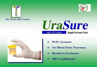 BE SECURE WITH URASURE ADS URASURE HIV 1/2 URINE RAPID SCREEN TEST 99.8% ACCURATE NO BLOOD DRAW NECESSARY RESULTS IN 15 MINUTES 100% CONFIDENTIAL trademark