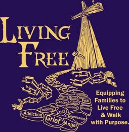 LIVING FREE, EQUIPPING FAMILIES TO LIVE FREE & WALK WITH PURPOSE. ADDICTION GRIEF ANGER ENABLING LUST DEPRESSION CANCER GAMBLING DIVORCE GUILT WORRY FOOD FEAR SHAME trademark