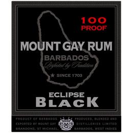 MOUNT GAY RUM BARBADOS PERFECTED BY TRADITION SINCE 1703 100 PROOF ECLIPSE BLACK PRODUCT OF BARBADOS PRODUCED, BLENDED AND EXPORTED BY MOUNT GAY DISTILLERIES LIMITED BRANDONS, ST. MICHAEL, BARBADOS, WEST INDIES MG trademark