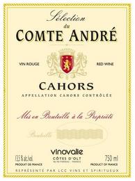 SELECTION DU COMTE ANDRÉ VIN ROUGE RED WINE CAHORS APPELLATION CAHORS CONTRÔLÉE MIS EN BOUTEILLE Á LA PROPRIÉTÉ BOUTEILLE VINOVALIE CÔTES D ' OLT 46140 PARNAC · FRANCE 13,5% ALC/VOL. 750ML PRODUCT OF FRANCE REPRÉSENTÉ PAR LCC VINS ET SPIRITUEUX trademark