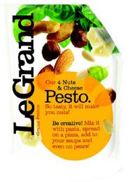 OUR 4 NUTS & CHEESE PESTO. SO TASTY, ITWILL MAKE YOU NUTS! BE CREATIVE! MIX IT WITH PASTA, SPREAD ON A PIZZA, ADD TO YOUR SOUPS AND EVEN ON PEARS! LEGRAND GRAND PESTOS trademark