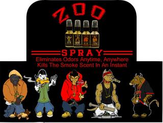 ZOO SPRAY ELIMINATES ODORS ANYTIME, ANYWHERE KILLS THE SMOKE SCENT IN AN INSTANT trademark